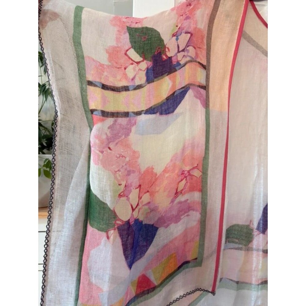 Gauzy 100% Linen Hand Painted-Style Kimono Shawl OS Floral Watercolor Light Pink - Picture 3 of 14